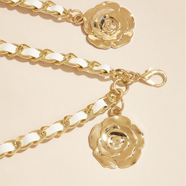 Korean Fashion Designer Camellia Waist Chain PU Leather Alloy Body Chain Women Dress Suit Waist Belt Decorations Accessories