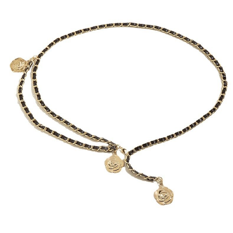 Korean Fashion Designer Camellia Waist Chain PU Leather Alloy Body Chain Women Dress Suit Waist Belt Decorations Accessories