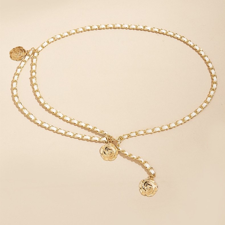 Korean Fashion Designer Camellia Waist Chain PU Leather Alloy Body Chain Women Dress Suit Waist Belt Decorations Accessories