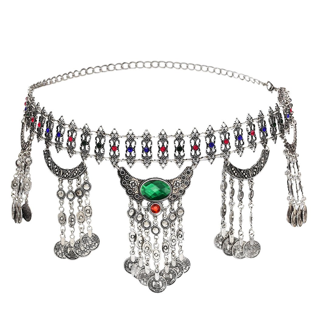 C&J Vintage Silver Color Coin Tassels Belly Dance Body Chain Bohemian Waist Chains Turkish Gypsy Carving Beach Belt Body Jewelry