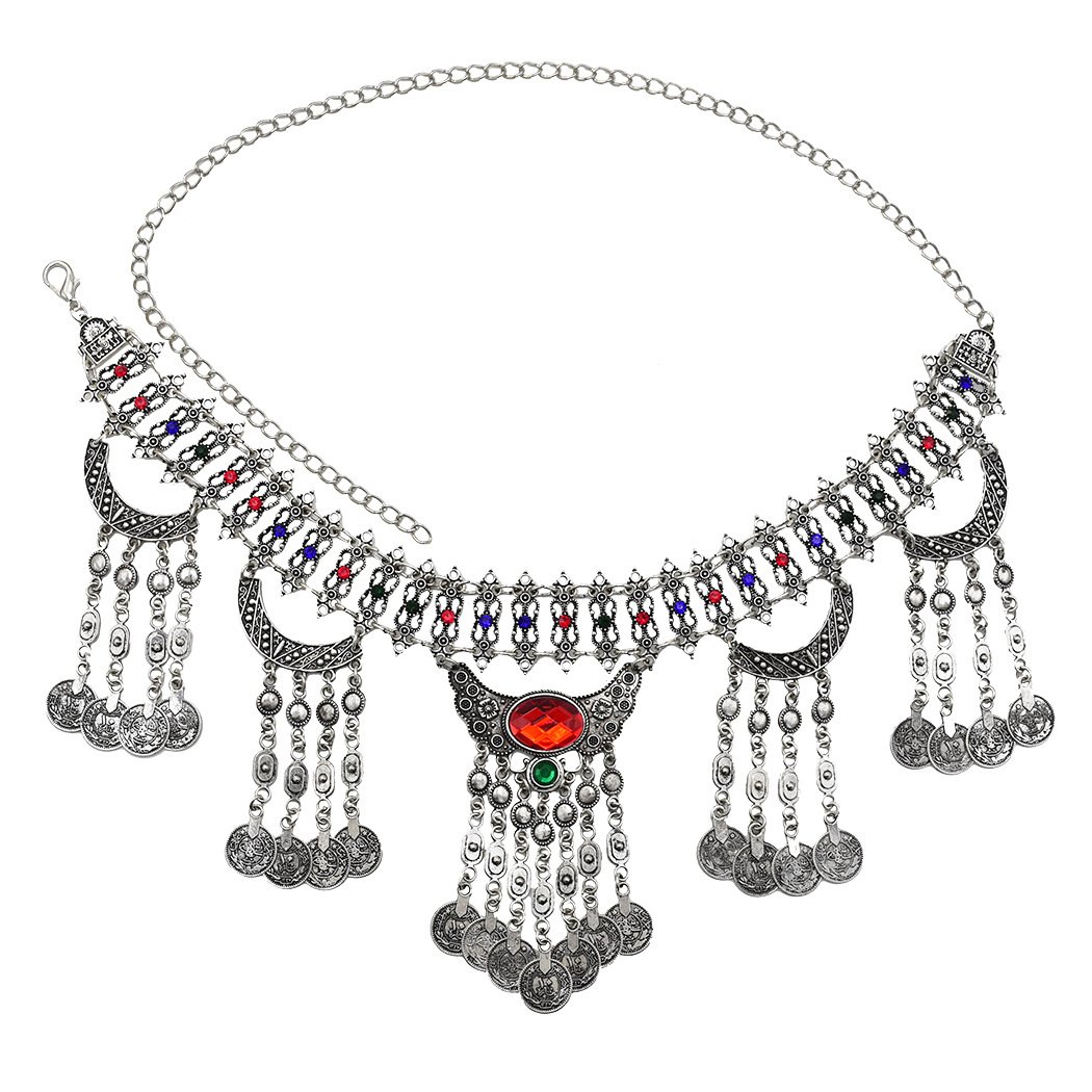 C&J Vintage Silver Color Coin Tassels Belly Dance Body Chain Bohemian Waist Chains Turkish Gypsy Carving Beach Belt Body Jewelry