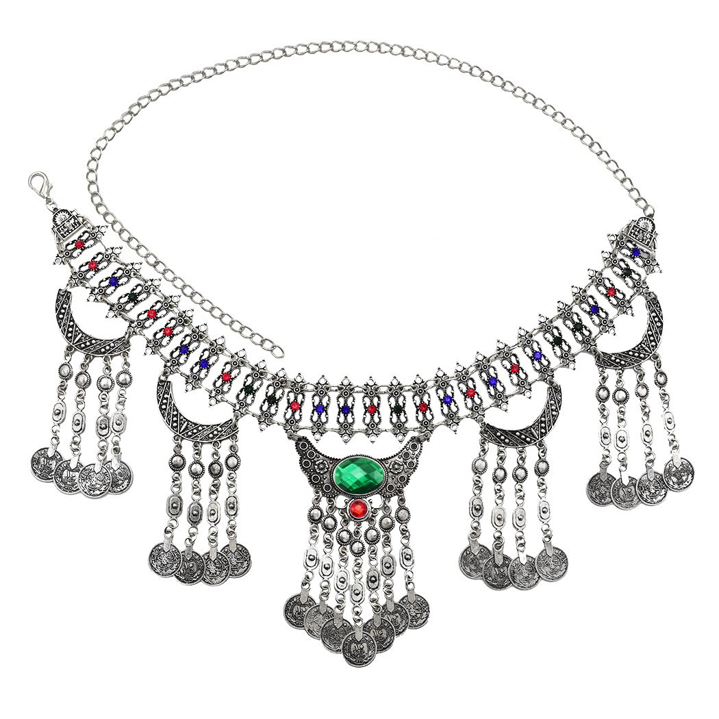 C&J Vintage Silver Color Coin Tassels Belly Dance Body Chain Bohemian Waist Chains Turkish Gypsy Carving Beach Belt Body Jewelry