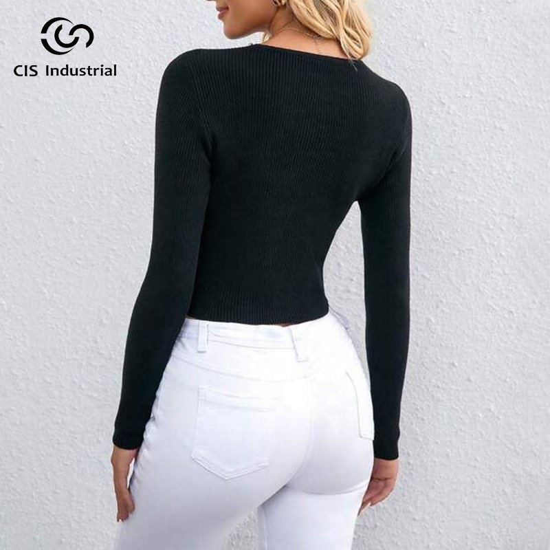 Hot sale blank sweater chain belts crochet crop top y2k fashion round neck pullover long sleeve knitting top for women