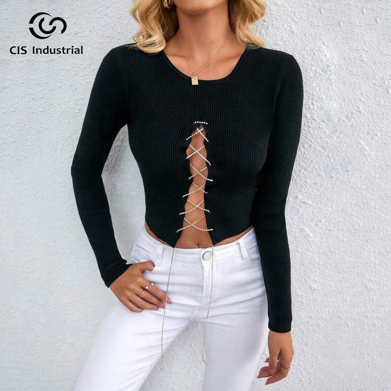 Hot sale blank sweater chain belts crochet crop top y2k fashion round neck pullover long sleeve knitting top for women