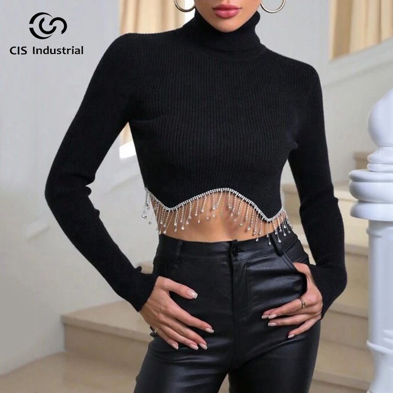 Hot sale blank sweater chain belts crochet crop top y2k fashion round neck pullover long sleeve knitting top for women