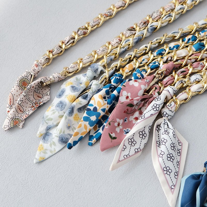 Multi Color Shoulder Bags Strap Metal Chain Scarves Fabric Design Elegant Accessories Anti-lost Women Cell Phone Wrist Strap