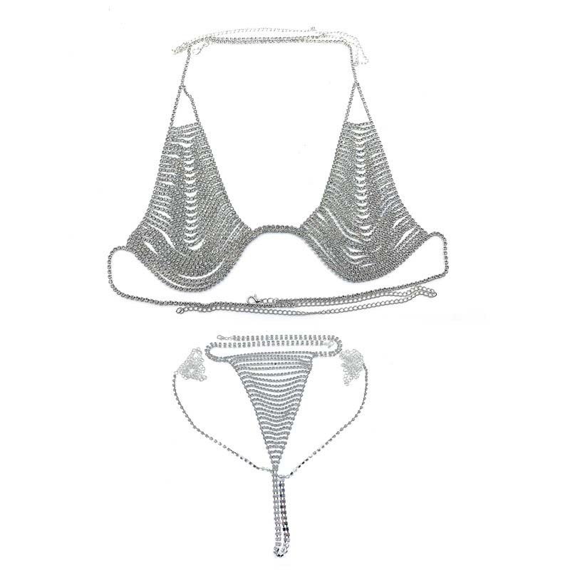 Club Prom Shinny Heart Rhinestone Bra Body Chest Chain Harness Bikini Top Jewelry For Women Crystal Decor Belts Chains