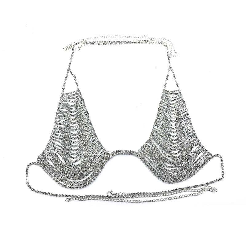 Club Prom Shinny Heart Rhinestone Bra Body Chest Chain Harness Bikini Top Jewelry For Women Crystal Decor Belts Chains