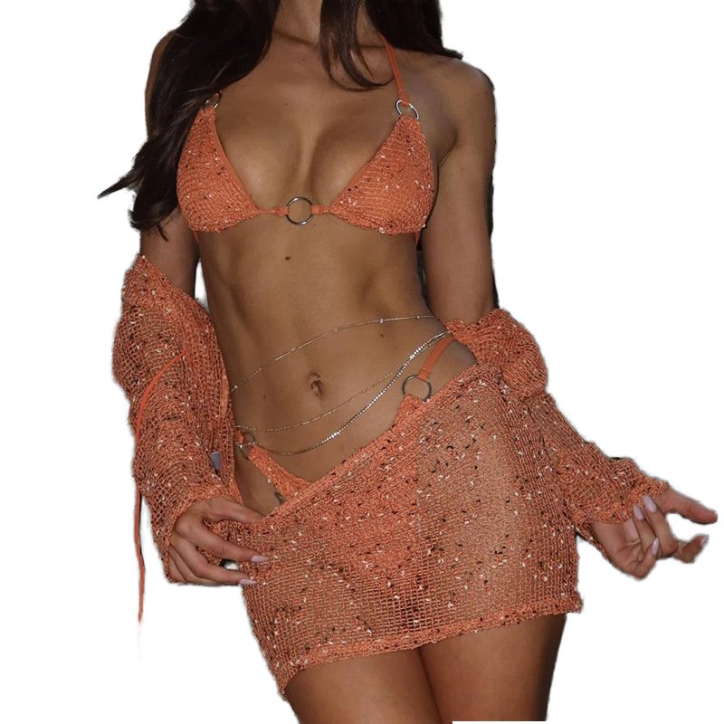 2024 Summer Women's Sexy Chain Splicing Neck Wrap Hip Bikini Backless Belt Hollow-Out 4-Piece Swimsuit Beachwear Women