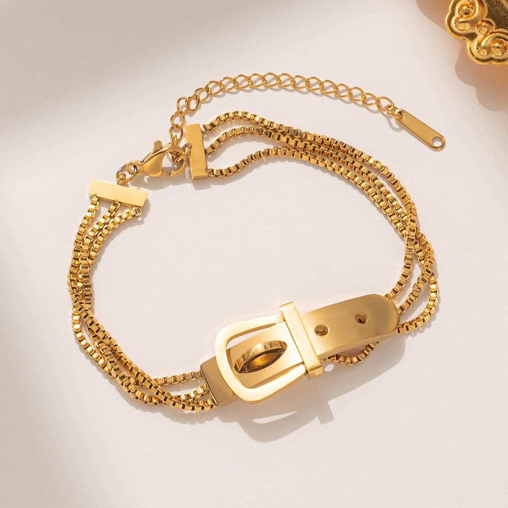 New Trend Personalized 18K Gold Plated Jewelry Bangle Belt Buckle Classic Style Multi Layers Box Chain Bracelet