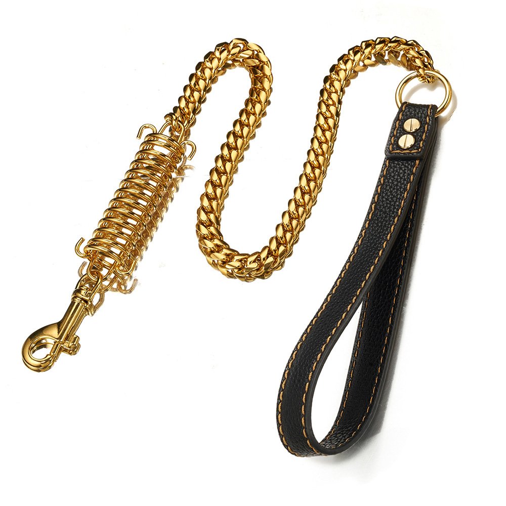 Explosion-proof Rushed Gold Dog Leash With The Spring Chain Leather Stainless Steel Luxury Dog Leash