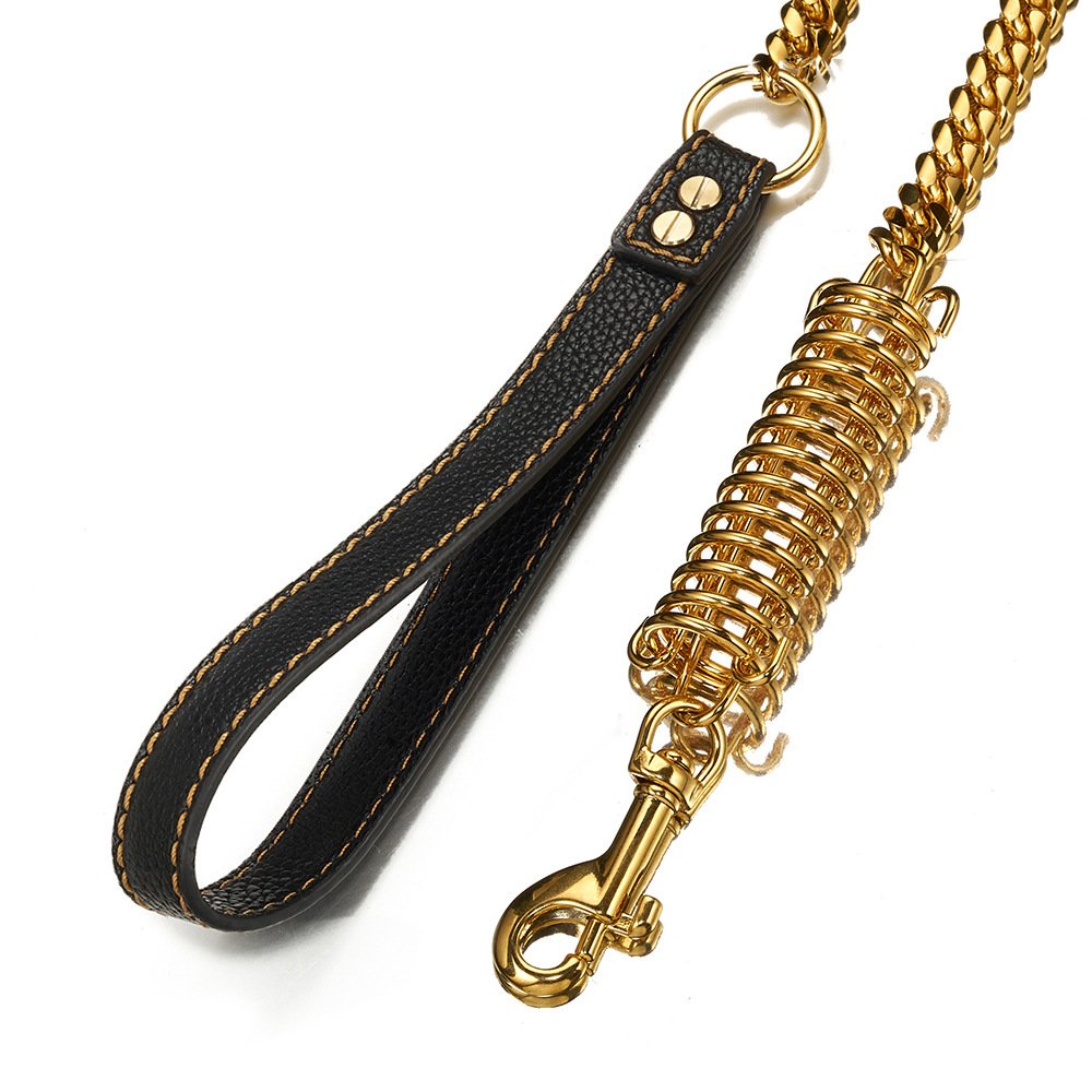 Explosion-proof Rushed Gold Dog Leash With The Spring Chain Leather Stainless Steel Luxury Dog Leash