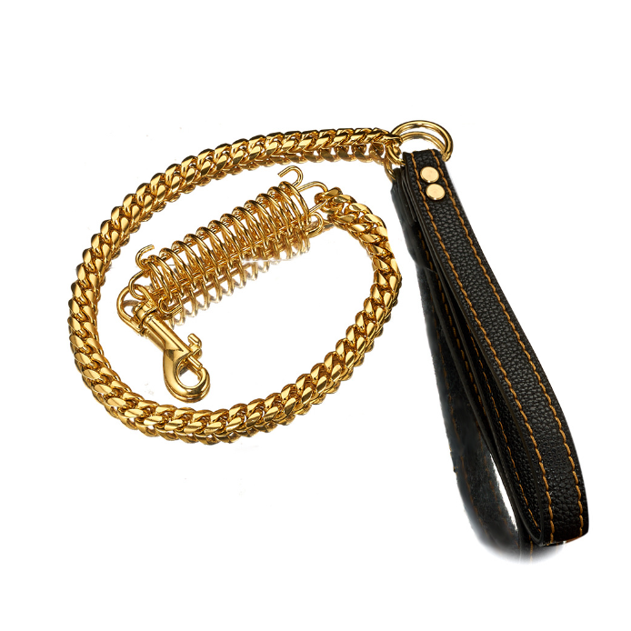Explosion-proof Rushed Gold Dog Leash With The Spring Chain Leather Stainless Steel Luxury Dog Leash