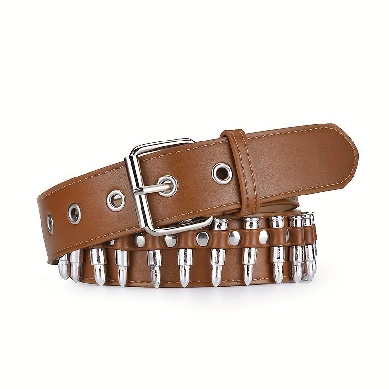 Men's PU Leather belt Metal silver bullet waist chain Punk Alloy Roller Needle Buckle belt for Woman