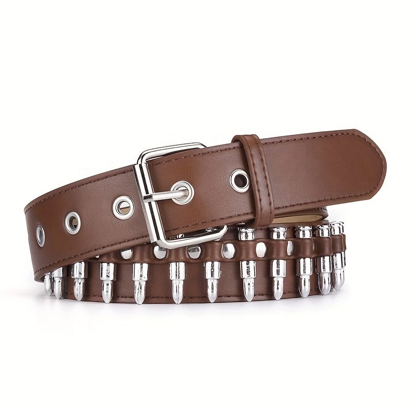 Men's PU Leather belt Metal silver bullet waist chain Punk Alloy Roller Needle Buckle belt for Woman
