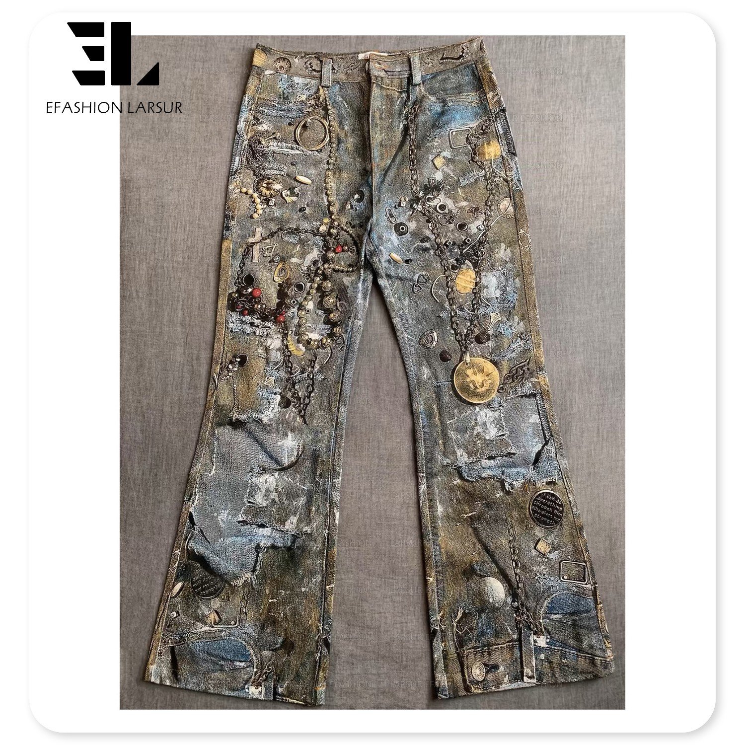 LARSUR Custom factory 3D full dtg printed distress dirty pearl jewels chain jean trompe l'oeil denim graphic digital print jeans