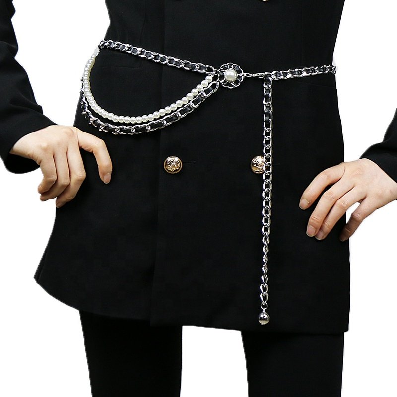 Fashion three-layer alloy pearl chain belt ladies dress shirt waist decorative thin waist chain