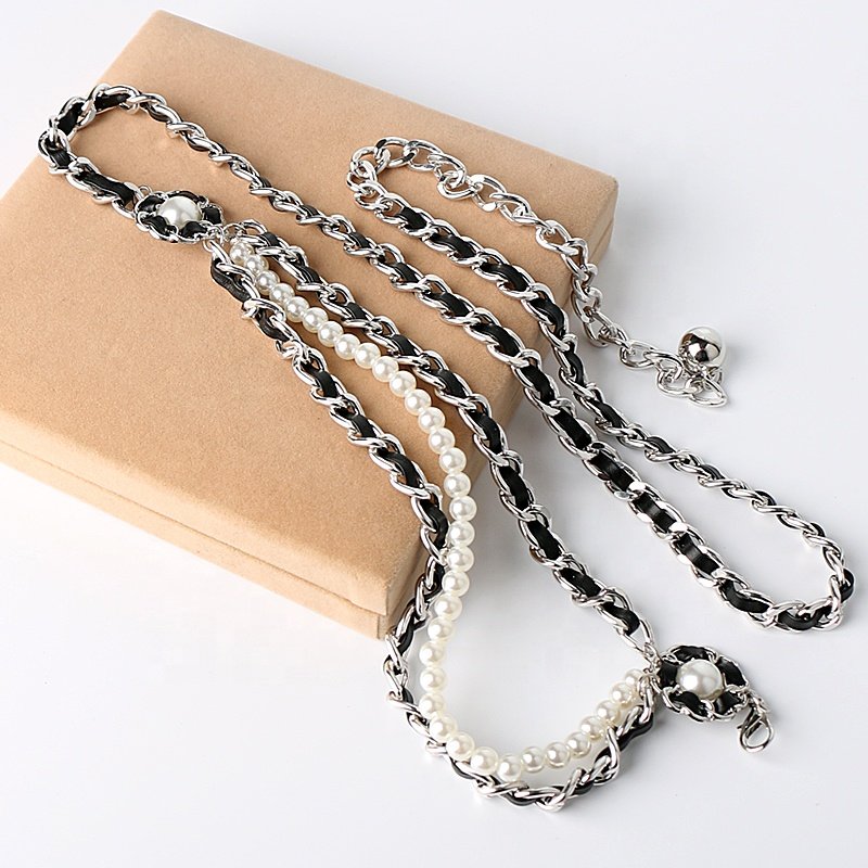Fashion three-layer alloy pearl chain belt ladies dress shirt waist decorative thin waist chain
