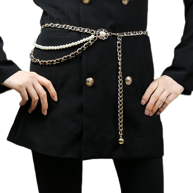 Fashion three-layer alloy pearl chain belt ladies dress shirt waist decorative thin waist chain