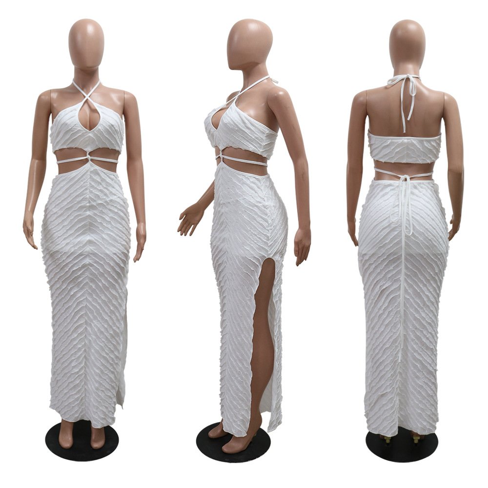STOCK Two Colors Cross Straps Women Dress Knit Slit Sides Beach Dress