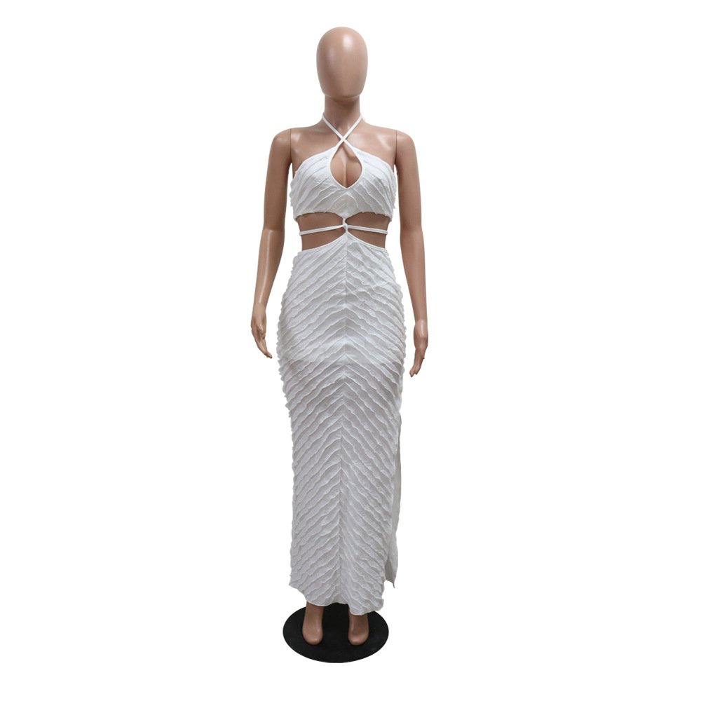 STOCK Two Colors Cross Straps Women Dress Knit Slit Sides Beach Dress