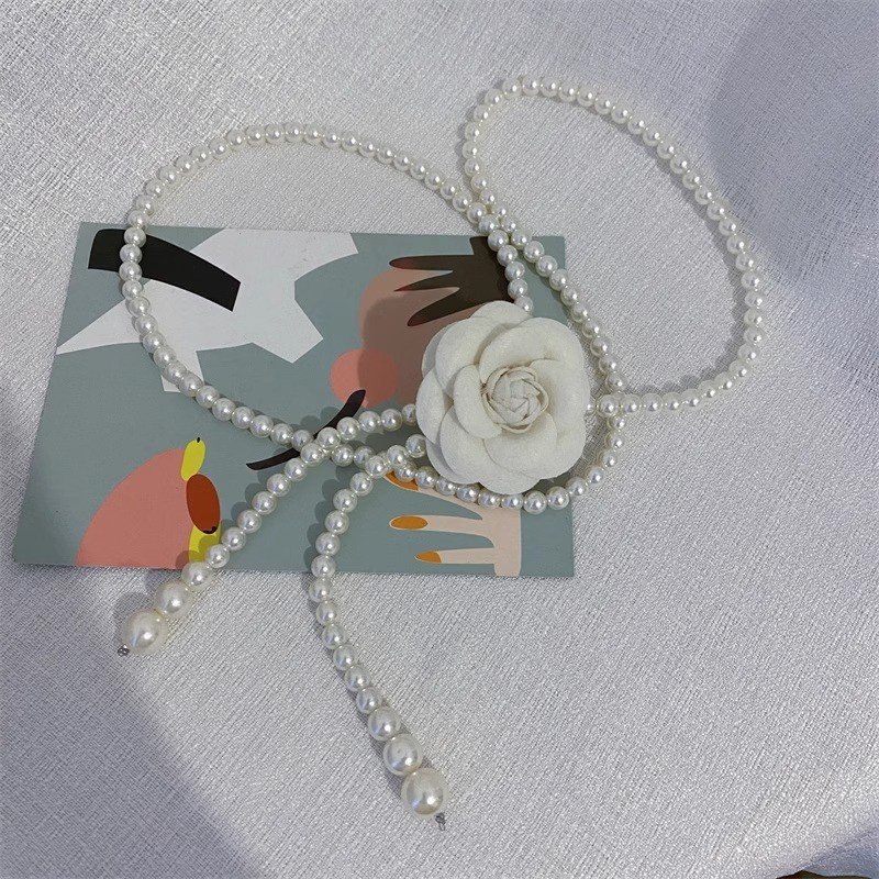 JOJO camellia pearl chambray waist chain black and white flowers versatile belt dress blouse waist chain decoration