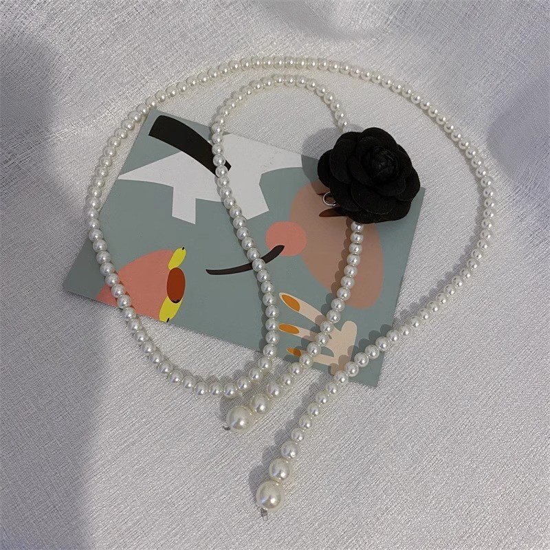 JOJO camellia pearl chambray waist chain black and white flowers versatile belt dress blouse waist chain decoration