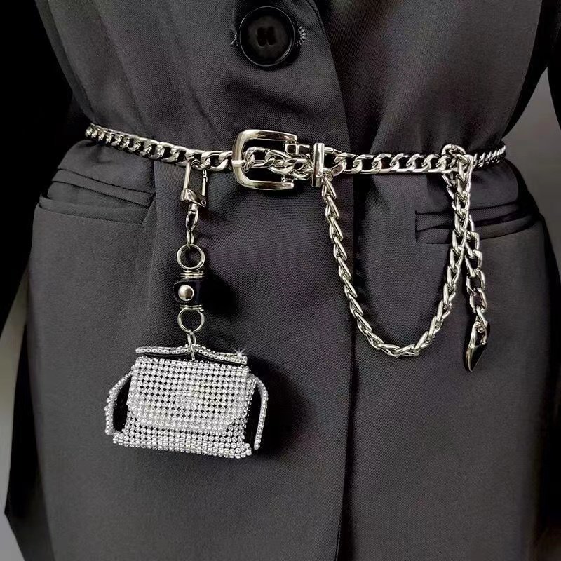 Chain belt bag mini rhinestone purse women's waist ornament skirt waist ins tide artificial diamond chain women`s waist bags