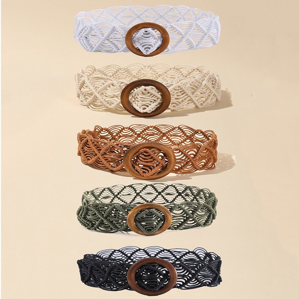 wholesale ethnic style wood Buckle wax rope woven handmade belt chain dress accessory belt Bohemian waist woven belt
