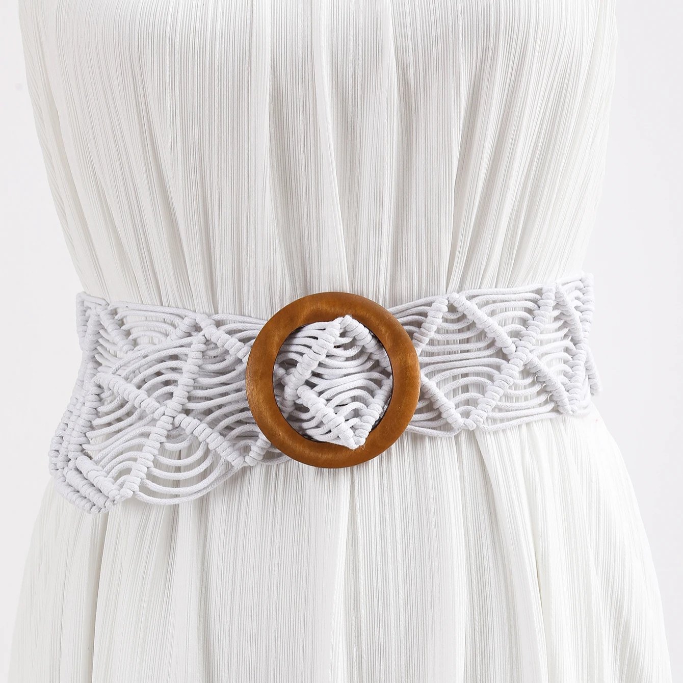 wholesale ethnic style wood Buckle wax rope woven handmade belt chain dress accessory belt Bohemian waist woven belt