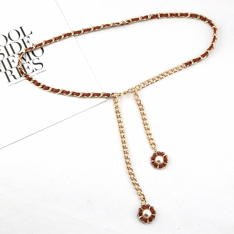 Factory Hot Sale Ladies Fashion Belt Metal Chain Wave Flower Pearl Buckle Chain The Belt For Women