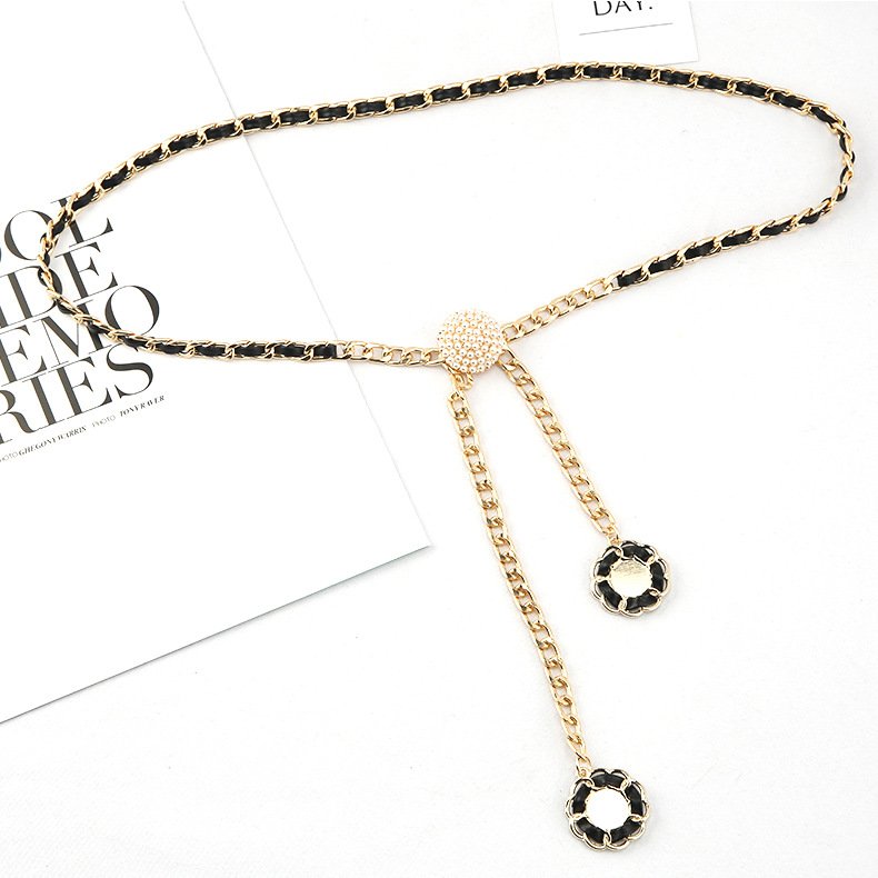 Factory Hot Sale Ladies Fashion Belt Metal Chain Wave Flower Pearl Buckle Chain The Belt For Women
