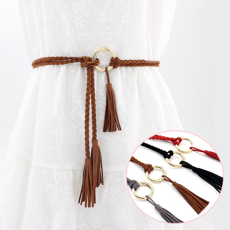 Women Girls Superfabric Suede Tassel Braided Waist Belt Rope Chain Skinny Knotted Belts For Dresses