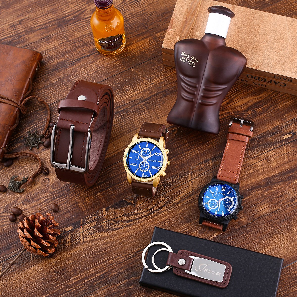 4Pcs/set boutique gift set business quartz watch perfume key chain belt Men's watch set