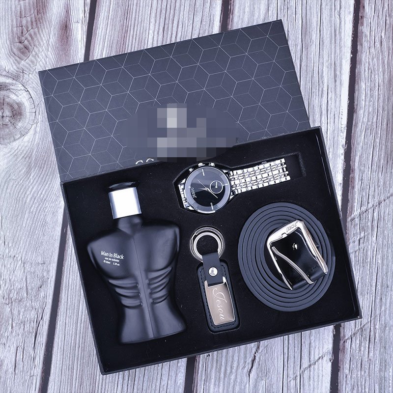 4Pcs/set boutique gift set business quartz watch perfume key chain belt Men's watch set