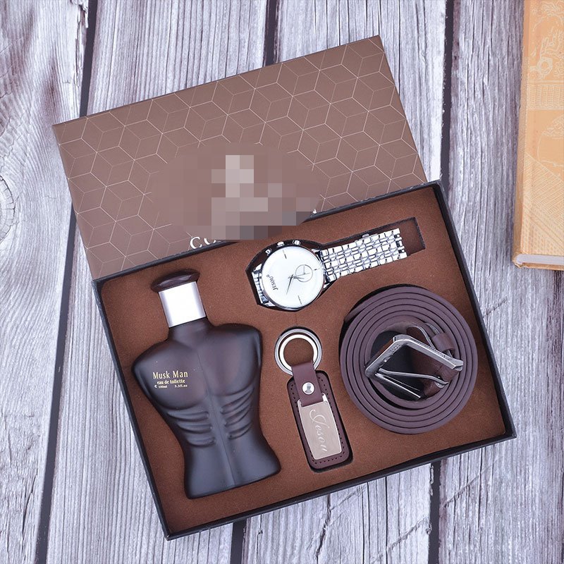 4Pcs/set boutique gift set business quartz watch perfume key chain belt Men's watch set