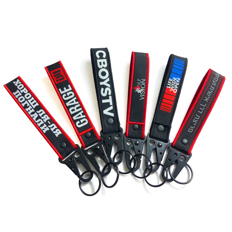 Custom Logo Brand 3D Embroidery key tag customized fabric aviation car motorcycle custom loop keychain accessories