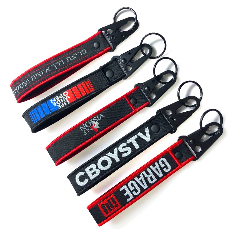 Custom Logo Brand 3D Embroidery key tag customized fabric aviation car motorcycle custom loop keychain accessories