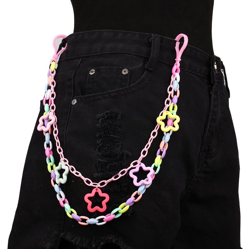 Hip Hop Punk Pants Wallet Key Chains Colorful Acrylic Gothic Rock Heart Pocket Waist Chains Rainbow Trousers Chains Belts