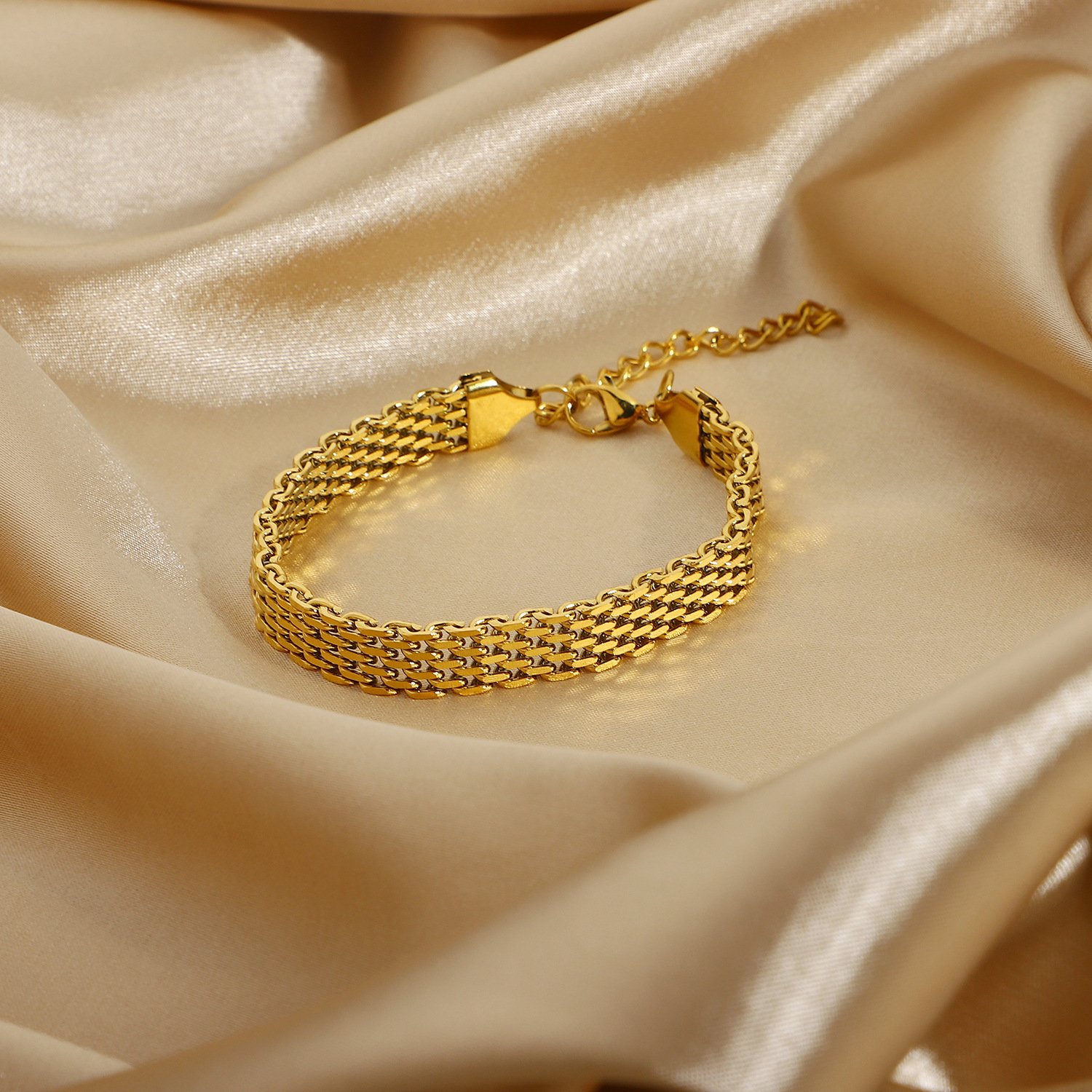 LIQI Fashion Stainless Steel 18K Gold Cuban Bracelet Chunky Thick Chain Wide Mesh Belt Bracelet