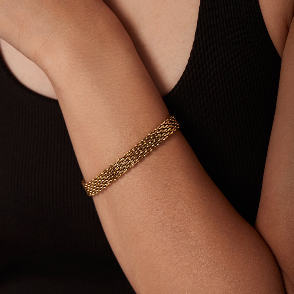 LIQI Fashion Stainless Steel 18K Gold Cuban Bracelet Chunky Thick Chain Wide Mesh Belt Bracelet