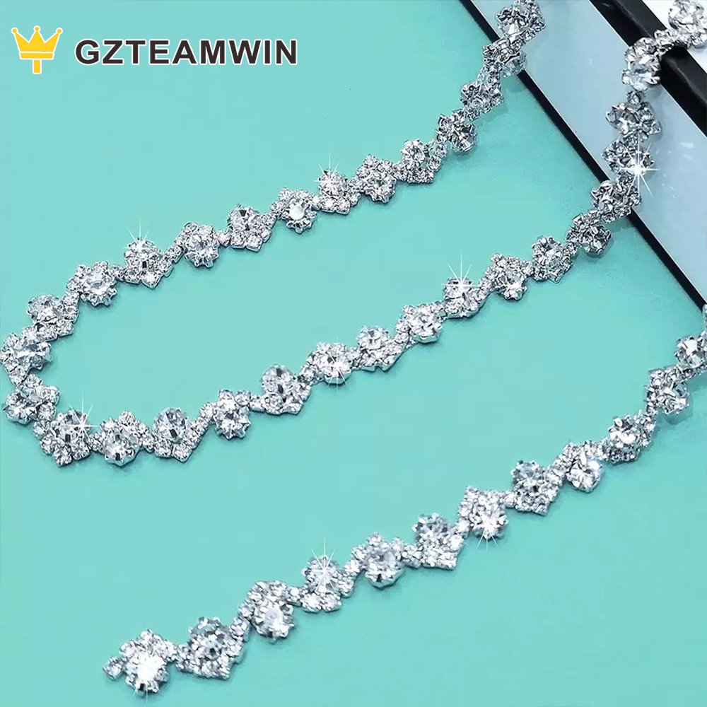 Clothes Garment Accessories Supplier Mental Crystal Crafts Flat Back Belt Chain Transparent Rhinestones Trim