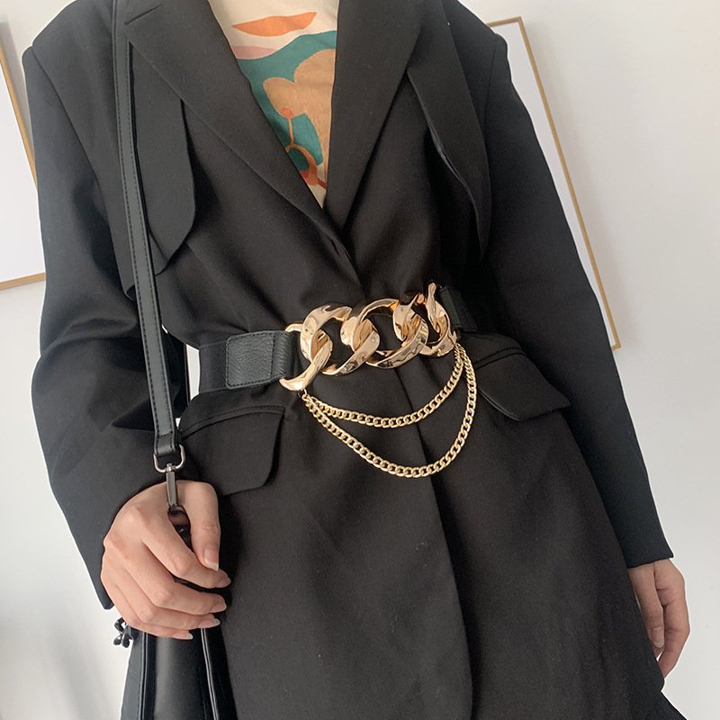 Gold chain belt elastic metal waist belts for women high quality stretch cummerbunds ladies coat waistband