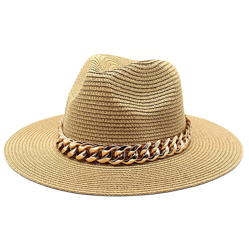 beach cap caps sun hat Men Women Straw Panama Wide Brim Chain Band Belt Women Summer Hat Spring Beach Casual Summer Men Caps