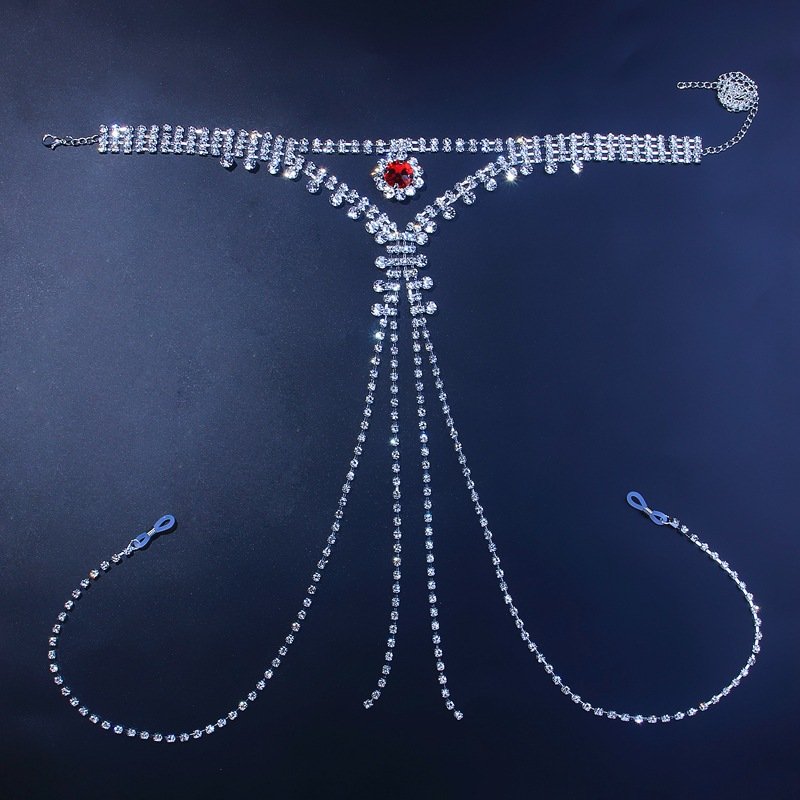 Fashion Sexy Bikini Lingerie Red Crystal Women Thong Panties Body Chain Jewelry Bling Rhinestone Thong Belt Belly Chains