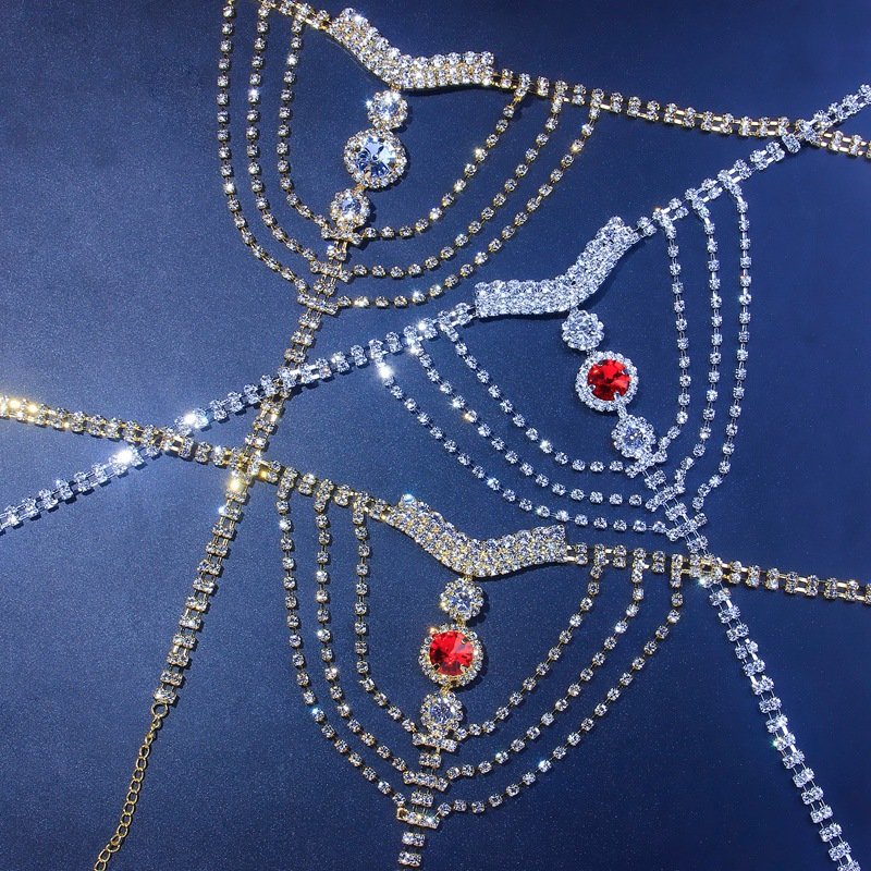 Fashion Sexy Bikini Lingerie Red Crystal Women Thong Panties Body Chain Jewelry Bling Rhinestone Thong Belt Belly Chains
