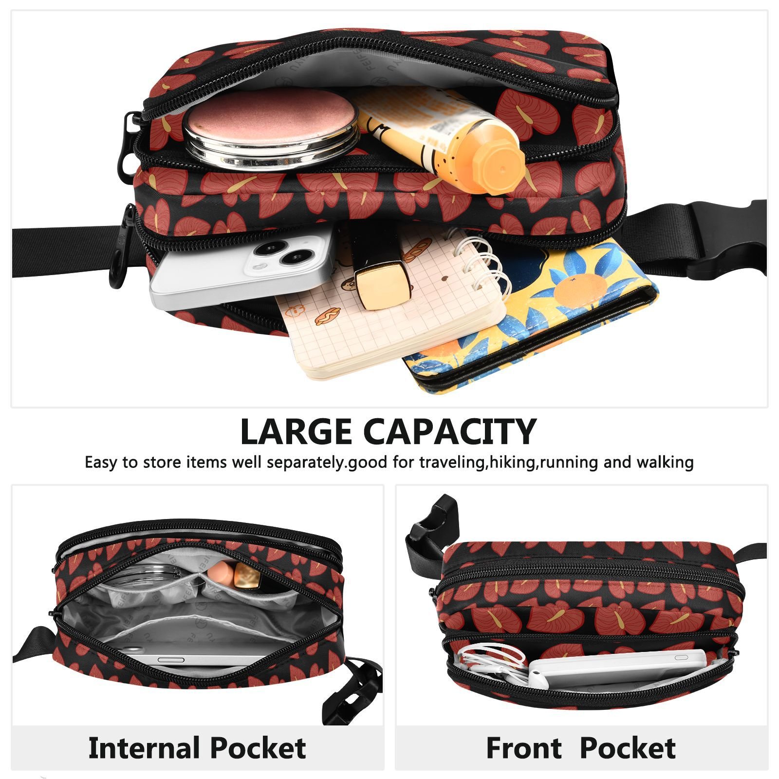 Hawaii Red Anthurium Flower Custom Logo Print Fanny Pack Women's Sports Running Waterproof Waist Bag