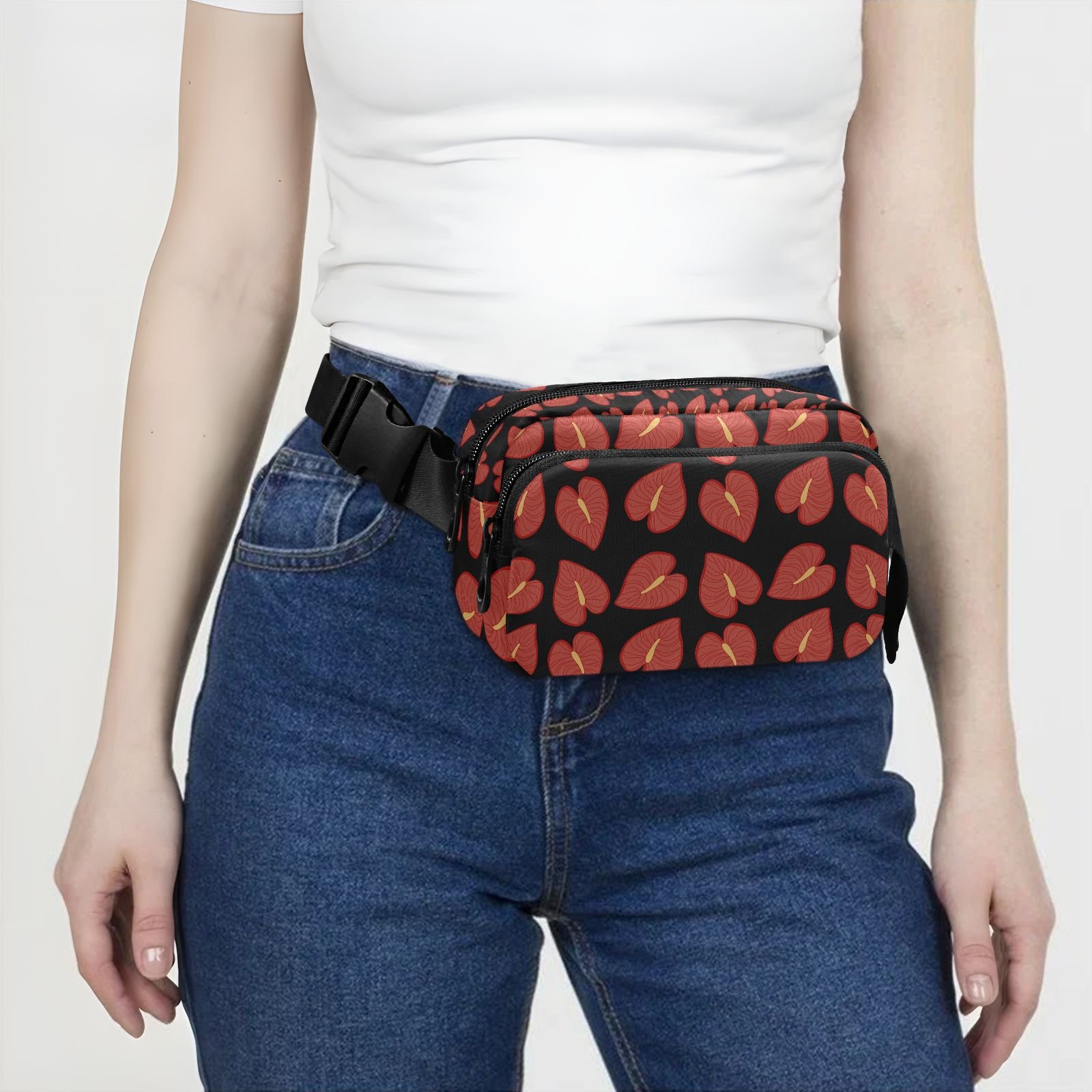 Hawaii Red Anthurium Flower Custom Logo Print Fanny Pack Women's Sports Running Waterproof Waist Bag