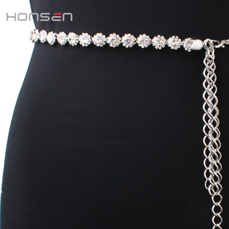 Customized wholesale metal chain belt ladies flower-shaped diamond-studded thin belt