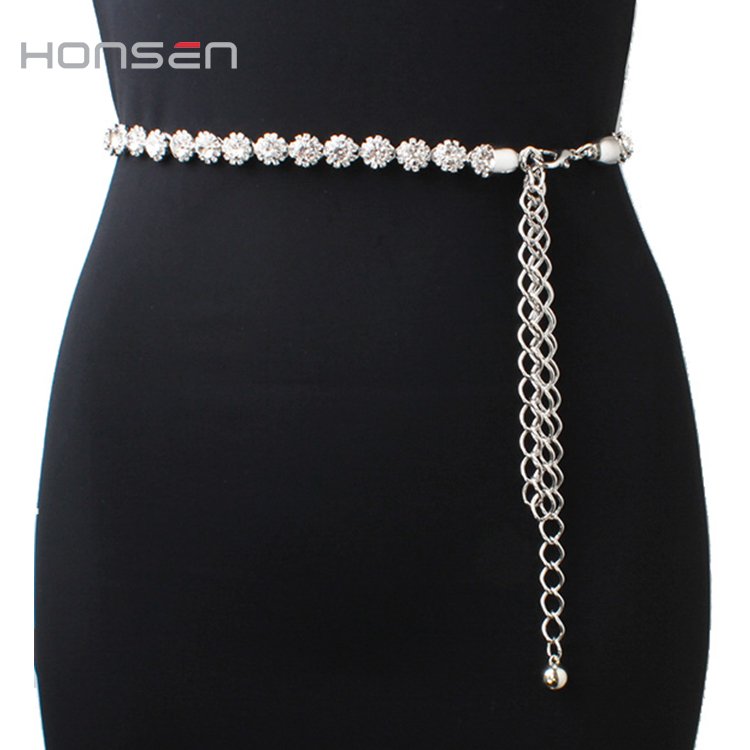 Customized wholesale metal chain belt ladies flower-shaped diamond-studded thin belt